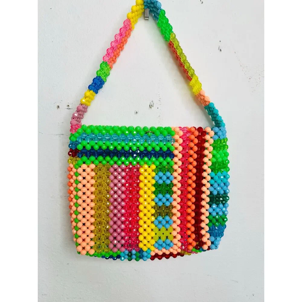 SUSAN ALEXANDRA Rainbow Colorful Beaded Beautiful Geometric Top Handle Bag